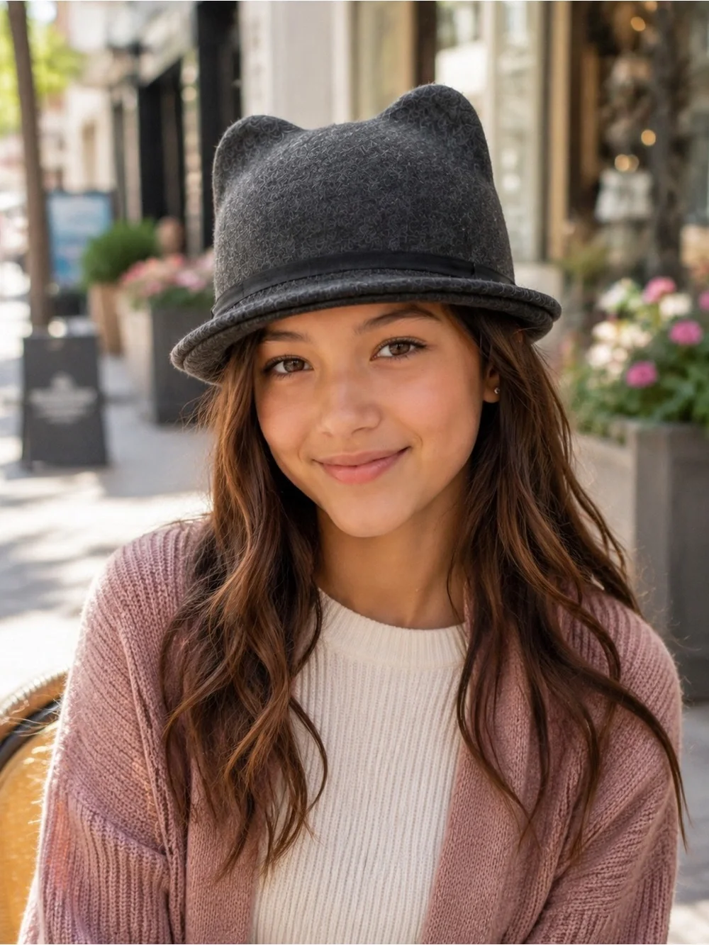 CLAIRE’S Cat Ear Bowler Hat 100% Wool Teens Girls Fedora Style Size M/L